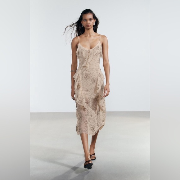 NET ZARA SHIMMERING RUFFLED MIDI DRESS - Picture 1 of 13